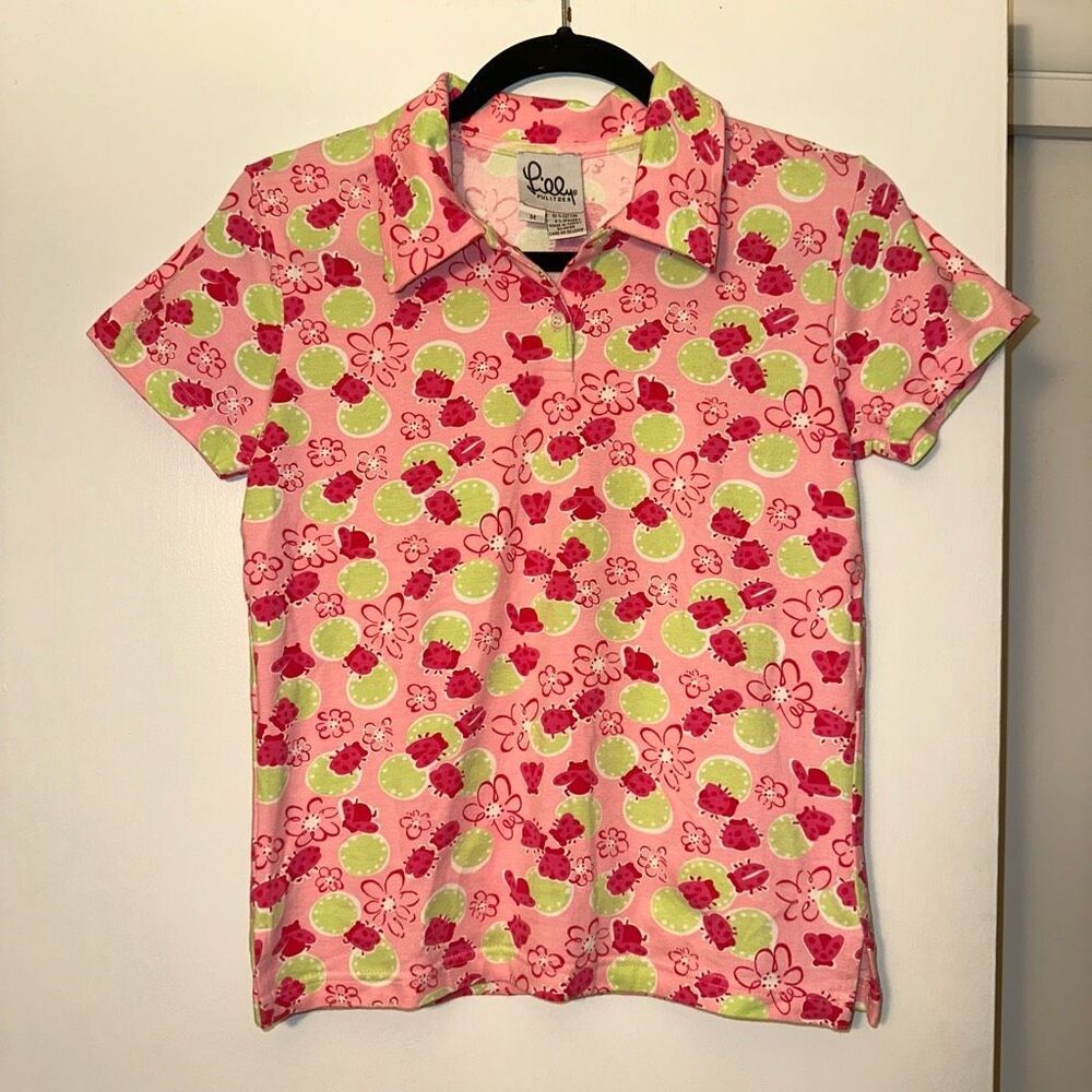 VINTAGE Lilly Pulitzer Girls Ladybug Pink Polo Shirt Short Sleeve Kids Medium